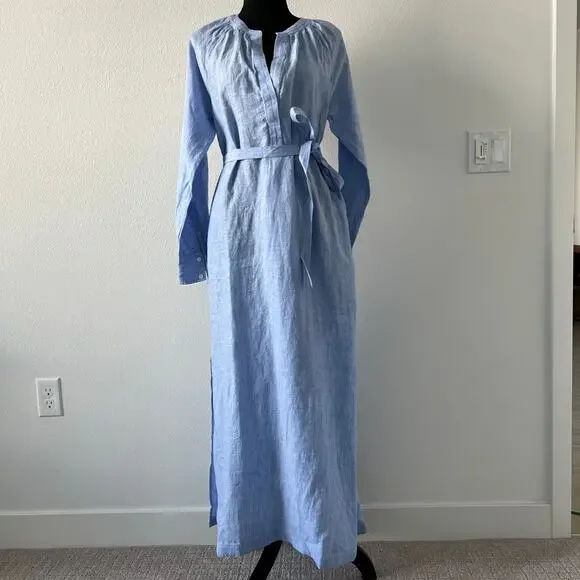 J Crew Cabana Linen Dress Size Small Blue Long Sleeve Pockets Flaw - Picture 2 of 15